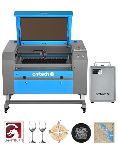 OMTech 60W CO2 Laser Engraver with LightBurn & Water Chiller, 20"x28" Laser Engraving Cutting Machine with Autofocus Autolift 4 Way Pass Air Assist, Commercial Laser Cutter for Wood Glass Acrylic More