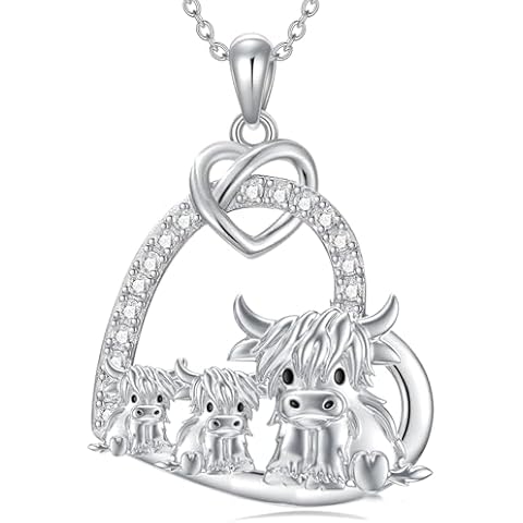 Flpruy 3 Highland Cow Necklace 925 Sterling Silver Scotland Cow Pendant Cow Heart Necklace Western Jewelry Gifts for Women Mom Cow Lover Cover