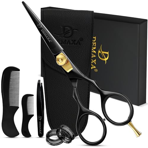 Image of DEMAXA Premium Black 5.5 inch Hair Cutting Scissors with Tweezers, Beard Comb and Mustache Comb - Professionally Sharpened for Precision Trimming, Mustache Scissors, Beard Shears - Grooming scissors men