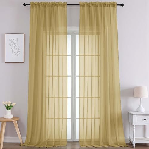 Image of Chyhomenyc Extra Long Gold Sheer Curtains 108 Inches Long 2 Panels, Light Filtering Gold Curtains for Living Room, Soft Gentle Voile Rod Pocket Bedroom Window Drapes, 59Wx108L Inch, 9FT, 2PCS