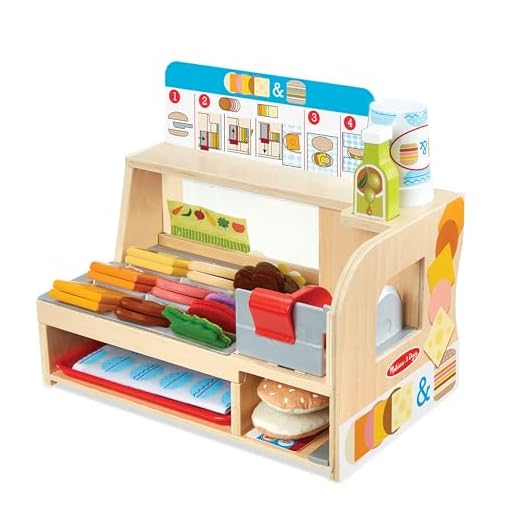 Melissa & Doug Tienda de sándwiches con mostrador y 52 accesorios, Juguete de madera, Comida de madera para niños, Juguete creativo Montessori, Juego de imitación, Regalo para niños y niñas de 3+