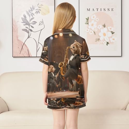 Satin Pajama Sets Short Sleeve Animals Playing Music on Stage Button Down Silky Nightwear 2 Piece PJS 5-14Y4
