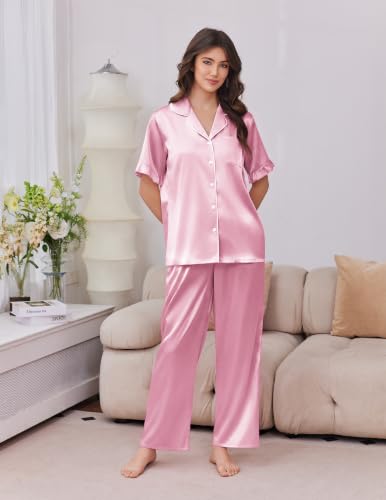 Image of Ekouaer Silk Satin Pajamas for Women Set 2 Piece Short Sleeve Button Up Pjs