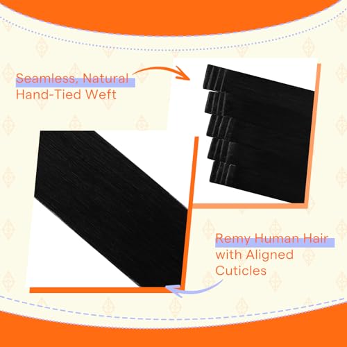 Image of Full Shine Tape in Hair Extensions Human Hair Invisible Hand Tied Weft Color 1 Jet Black Straight Remy Skin Weft Tape in Extensions Natural Seamless Brazilian Extension 20pcs 50g 20 Inch Add Length