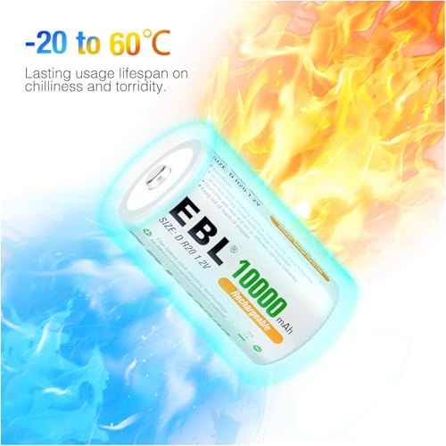 EBL D Cell Batteries 10,000mAh Ultra Pro Ni-MH Rechargeable D Batteries, Pack of 2