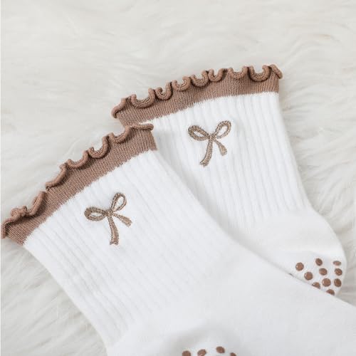 Image of Jeyiour Summer Cute Pilates Socks Women Bow Nonslip Ruffle Yoga Socks with Grip Barre Pilates Gift for Work Dance Fitness