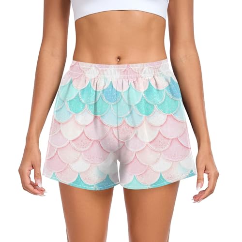 UMIRIKO Pink Turquoise Mermaid Scal Athletic Shorts for Women with Pockets S 202c0106