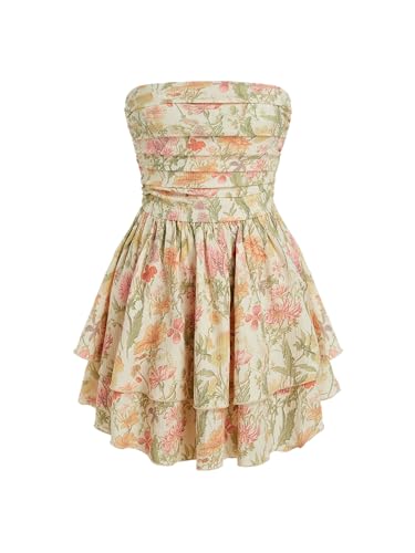 CIDER Women's Summer Floral Mini Dress Strapless Cocktail Dresses Tube Ruffle Hem Vacation Outfits