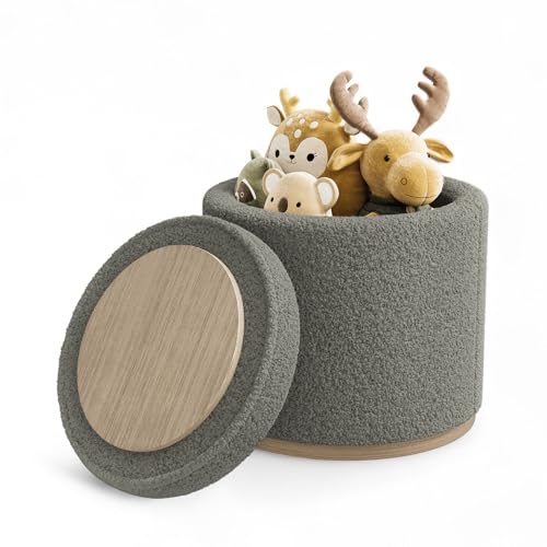 ONBRILL Round Ottoman with Storage and Tray, Vanity Stool, Round Coffee Table, Upholstered Foot Stools Ottoman for Living Room, Bedroom, Corners, Apartments