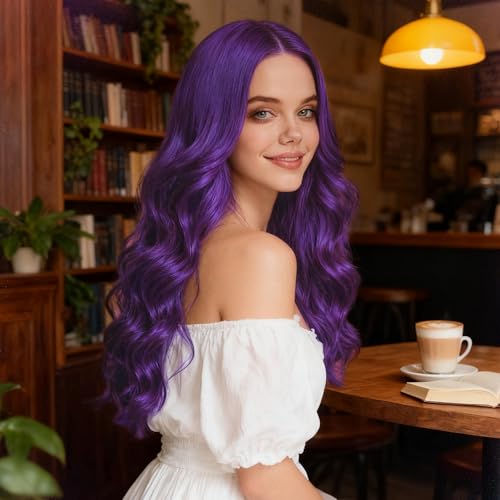 Image of S-noilite Long Purple Wavy Wig for Women 27 inch Middle Part Curly Wavy Wig Heat Resistant Synthetic Hair Seamless Hairline Colorful Anime Cosplay Wigs Halloween Costume Party