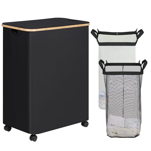 Image of efluky Double Laundry Hamper with Wheels, Divided Laundry Hamper with Removable Bags, 2 Section Dirty Clothes Basket with Handles for Bathroom, Bedroom & Laundry Room, 160L Dark Black