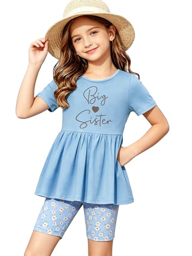 Gulupo Girls Matching 2 Piece Sets Big Sister Embroidery Dresses with Pockets Kids Summer Short Sleeve Dress and Shorts Blue