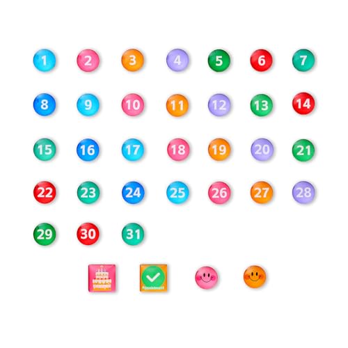 Colorful Glass cabochon Magnetic Numbers for Fridge whiteboard Calendar, Colored Dry Erase Board Number Magnets Dates for Home Organization Classroom Decor Daily use (Set of 35, 25mm)