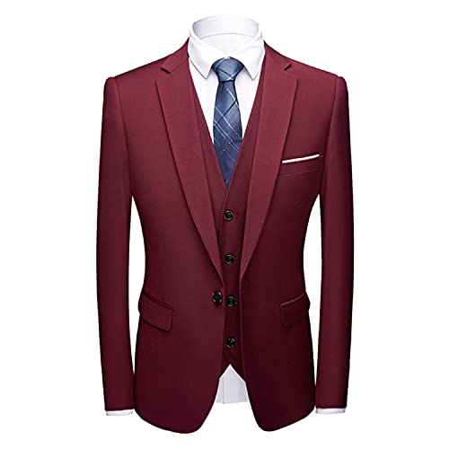 Men's 3 Pieces Suits Slim Fit Suit Business Wedding Dress Jacket Vest Pants Set Linen Suit Summer Blazer with Pants (Crimson,4X-Large)2