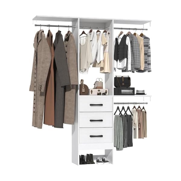   Wall-Mounted-Closet-Organizer-System-with-3-Hanging-Rods-and-3-Drawers--Walk-in-Wardrobe-with-Reversible-Shelving-for-Bedroom-Storage