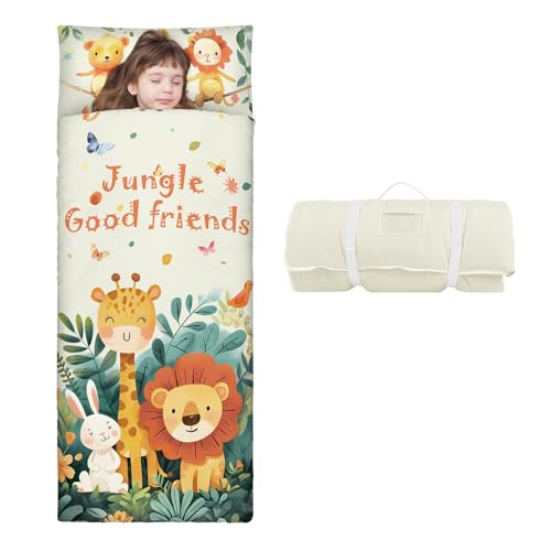 Nap Mat Caldo per Bambini con Rimovibile Cuscino, Grande Sacco a Pelo Pieghevole per Ragazze Ragazzi, Nap Mats con Doppia Cerniera per Campeggio, Scuola Materna e Asilo, 150×60cm Animale Carino
