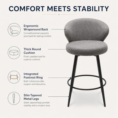 Image of Bar Stools Set of 3, 360 Swivel Breathable Fabric Kitchen Counter Height Stools, 26 inch Upholstered Bar Chair for Kitchen Islands, Restaurant,Grey