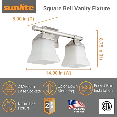 Image of Sunlite 46062 14 inch Modern Square Bell Vanity Wall Mount Light Fixture, Medium Base (E26) Socket, Standard A19 Bulb Required (100W Max), Frosted Glass Shade, ETL Listed, 2 Light Brushed Nickel Finish