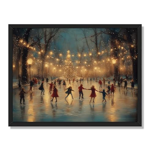 Vintage Winter Wall Art Ice Skating Poster Neutral Christmas Canvas Art Prints Winter Painting Christmas Picture Wall Decor Antique Holiday Decoration for Living Room Bedroom 16x24inch Black Frame