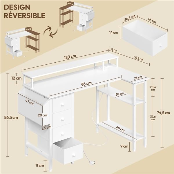 Bureau blanc avec rangement pour optimiser l'espace et brancher vos appareils - 3