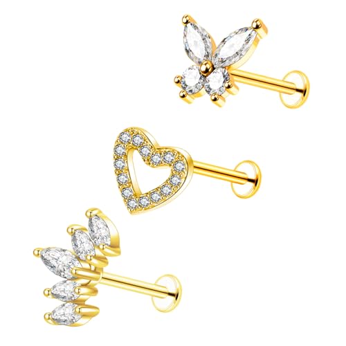 Besyvvin 3pcs Piercing Helix Lèvres Stud 8mm Acier Chirurgical Or Piercing Tragus Cartilage Labret Stud Papillon Fleur