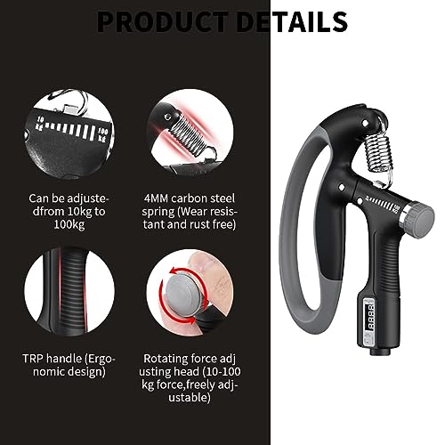 Image of Hand Grip Strength Trainer, Hand Grip Strengthener with Counter, Adjustable Resistance 10 to 100 kg, Non-Slip Gripper, for Athletes & Hand Exercising