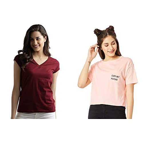 Image of Miss Chase Women's Maroon Super Soft V-Neck Short Sleeves Cotton Solid Regular Fit T-Shirt