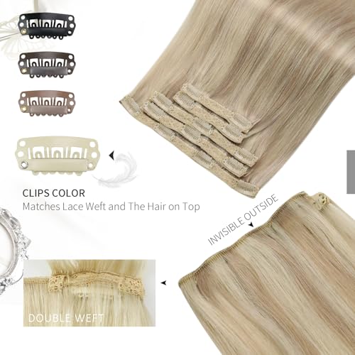 Moresoo Human Hair Extensions Clip in Real Hair Ash Blonde with Bleached Blonde Clip in Hair Extensions Remy Human Mid-length Hair Layered Add Volume 14 Inch 5pcs/80g #P18/613 - Image 4