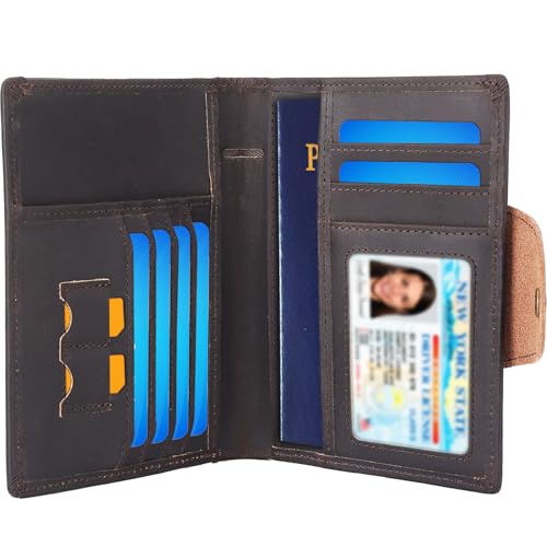 STAR VISTA Carmen Leather Passport Wallet, Dual Bifold Cash Pockets, RFID Blocking, ID Window, 6 Card Slots, Coin Pocket, SIM Slots, AirTag Slots, Dark Brown