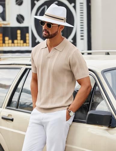 Image of COOFANDY Mens Knit Polo Shirts V Neck Textured Polo Shirts Short Sleeve Breathable Polo Casual Collared T Shirt Fashion Tops
