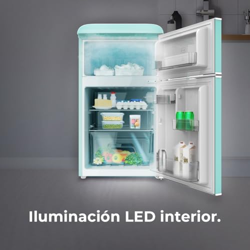 Cecotec Mini Retro koelkast Bolero CoolMarket 2D Origin 85 groen. Capaciteit van 85L, LED-binnenverlichting, verchroomde handgreep, glazen planken, temperatuurregeling en groentelade - Afbeelding 6