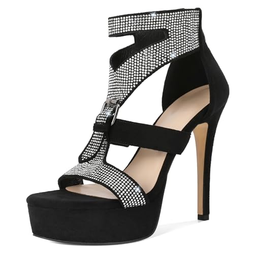 Zamikoo Womens Rhinestone Heeled Sandals Open Toe Strappy Platform Stiletto High Heel Sandals 5 Inches