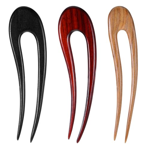 3 Pack Wooden Hair Sticks for Women, French U Shaped Hairpin with Two Prongs Hair Clips Handmade...