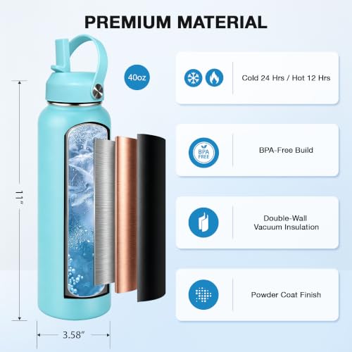 Image of SENDESTAR Water Bottle 40oz Double Wall Vacuum Insulated Leak Proof Stainless Steel Sports Water Bottle-Wide Mouth with New Flex Straw Lid & Spout Lid (White&Tiffany)