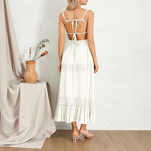 Image of Owl's-Yard Women Ruffle Spaghetti Strap Dress Sexy Backless Tiered Flowy Sundresses Boho Beach Long Dress Clubwear