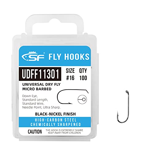 Image of SF #16 Universal Standard Dry Fly Tying Hook Ultra Sharp Micro Barbed Black Nickel High Carbon Steel for Traditional Dry Flies with Mini Box 100Pcs