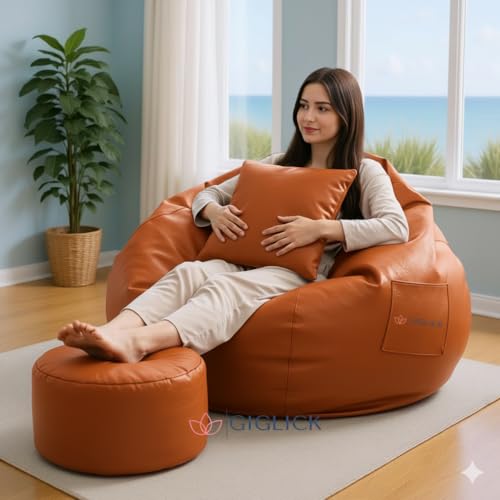 Image of 4XL Bean Bag with Footrest and Cushion (Filled with Beans) | Ready to Use | Premium Leatherette | High-Density Beans Filled | Double Stitching | 6 Months Warranty Color- (Orange)