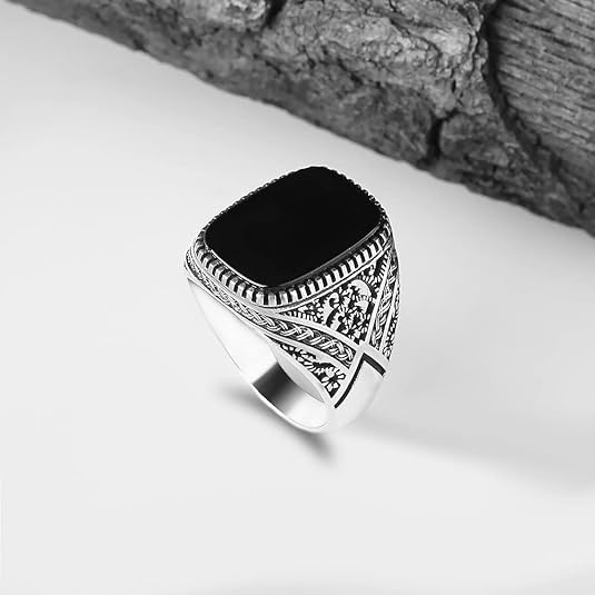 Sterling Silver Signet Ring with Black Onyx Stone - Men's Handmade Engraved Silver Ring - Gift for Men, Dad4
