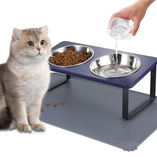 Upgraded Elevated Cat Bowls with Food Mat,15°Tilted Stand Anti Vo...