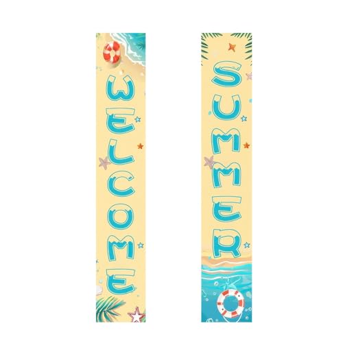 Image of BlissYard 2pcs Welcome Summer Door Banner Beach Themed Decorations Sea Star Hanging Porch Banner Summer Decor for Outside Hawaii Tropical Party Seasonal Outdoor Indoor Holiday Supplies