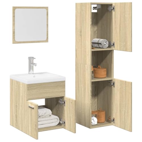 Kaloriko Juego de muebles de baño de 3 piezas, roble Sonoma, armario alto para debajo del lavabo, armario alto con espejo, muebles de baño, almacenamiento, montaje en pared, ahorra espacio