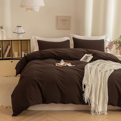 Image of ECOCOTT Duvet Cover King Size -100% Washed Cotton Linen Like Textured Breathable Durable Soft Comfy Bedding Set with Zipper Closure & Corner Ties (Cocoa Brown, 104 inchx90 inch)