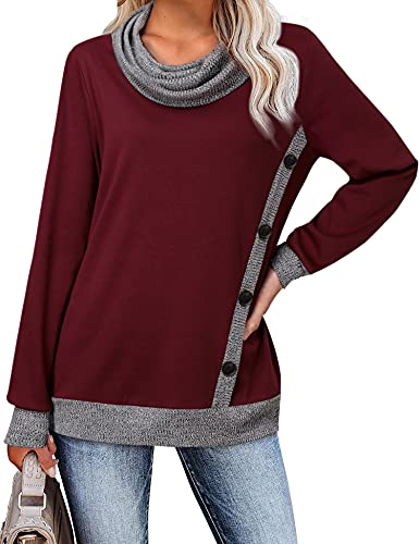 Long Sleeve Tunic Blouses for Women,Youtalia Women's Cowl Neck Sweatshirt Dressy Color Block Pullover Christmas Blouses Flared Hem Button Side Tunic Shirt for Leggings Dark Red Large