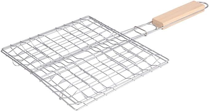 BBQ Long Handle Grill, Stainless Steel Portable And Foldable Basket Roast Barbecue Rack Meat Kebab, Skewers, Burger, Fish, Vegetable, Steak, Shrimp, Rectangle Folding Stand Grilling Cooking 32X22cm