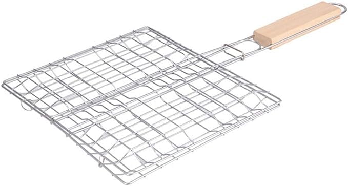 BBQ Long Handle Grill, Stainless Steel Portable And Foldable Basket Roast Barbecue Rack Meat Kebab, Skewers, Burger, Fish, Vegetable, Steak, Shrimp, Rectangle Folding Stand Grilling Cooking 32X22cm