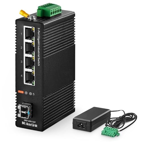 Image of MokerLink 5 Port Industrial DIN-Rail Network Switch, 4 Gigabit Ethernet, 1 SFP, 14Gbps Switching Capacity, IP40 Rated (-40 to 185F), With UL Power Supply