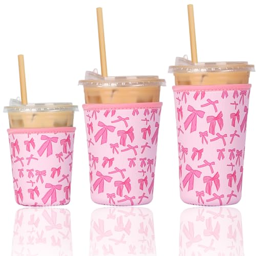 Reusable 3-Pack Iced Coffee Cup Sleeve, Insulated Neoprene, Beverage Holder for Iced Coffee, Durable Drink Sleeve for Cold Beverages, Pink Bows