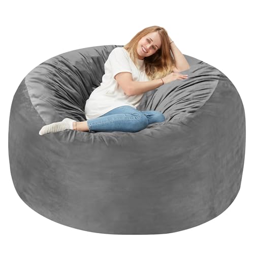 Homguava 4 FT Bean Bag Chair: 4' Bean Bags with Memory Foam Filled, Large Beanbag Chairs Soft Sofa with Dutch Velvet Cover-Grey