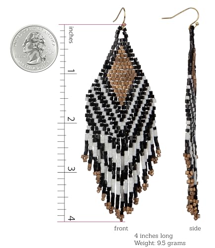SPUNKYsoul Handmade Beaded Boho Earrings, Ombre Mixed Metallic Seed Bead Long Fringe Statement Earrings, Jewelry for the Modern Bohemian Women (GOLD,BLACK & WHITE)3
