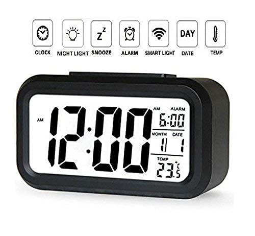 PERPART Digital Table Alarm Clock Calendar Snooze with Automatic Sensor Light Smart Battery Operated Date and Temperature Indoor Multifunctional Bedside Alarm Clock Home and Office ^ Black 1